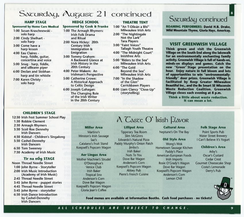 Milwaukee Irish Fest Grounds Brochure, 1999